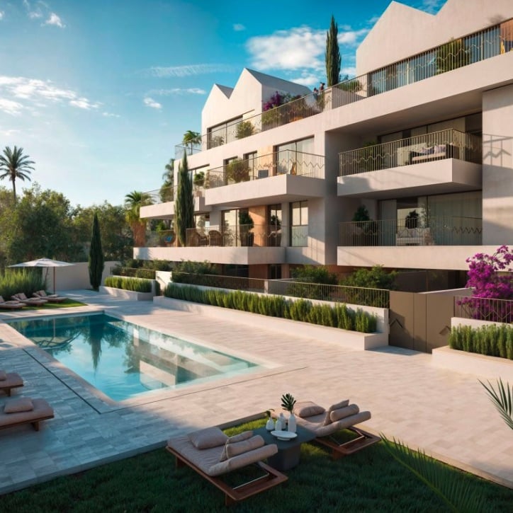 Gemeenschappelijk zwembad en vooraanzicht van nieuwbouw appartement in Torremolinos in Spanje, gelegen aan de  Costa del Sol-Centro
