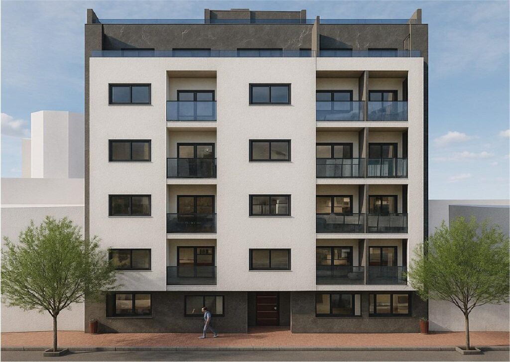 Vooraanzicht van nieuwbouw appartement in Torrevieja in Spanje, gelegen aan de  Costa Blanca-Zuid