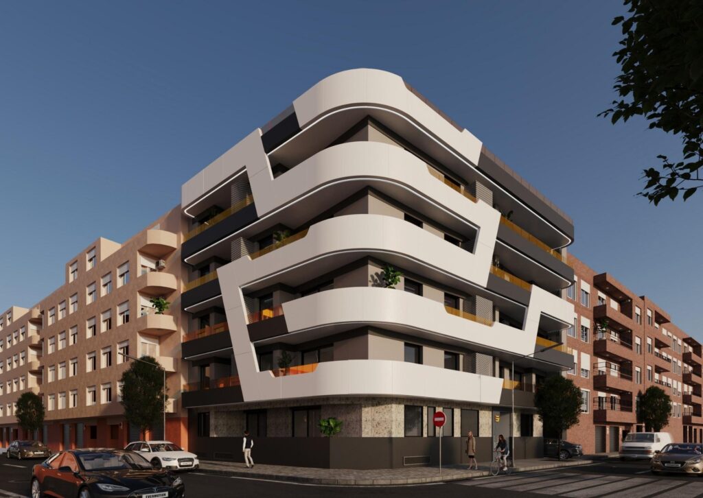 Vooraanzicht van nieuwbouw appartement in Torrevieja in Spanje, gelegen aan de  Costa Blanca-Zuid