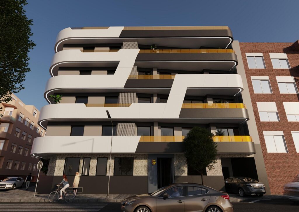 Vooraanzicht van nieuwbouw appartement in Torrevieja in Spanje, gelegen aan de  Costa Blanca-Zuid