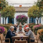 Ouderen aan het kaarten in een bloemenkoer