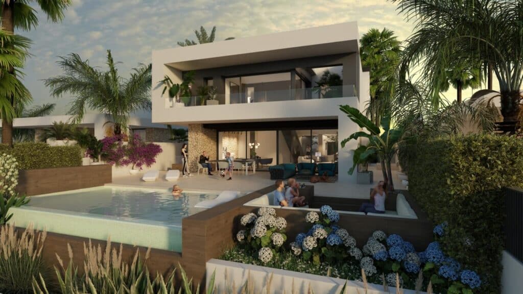 Zwembad en vooraanzicht van nieuwbouw villa in Algorfa in Spanje, gelegen aan de  Costa Blanca-Zuid