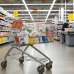 En winkelwagentje met produkten erin in het midden van een gang in een supermarkt