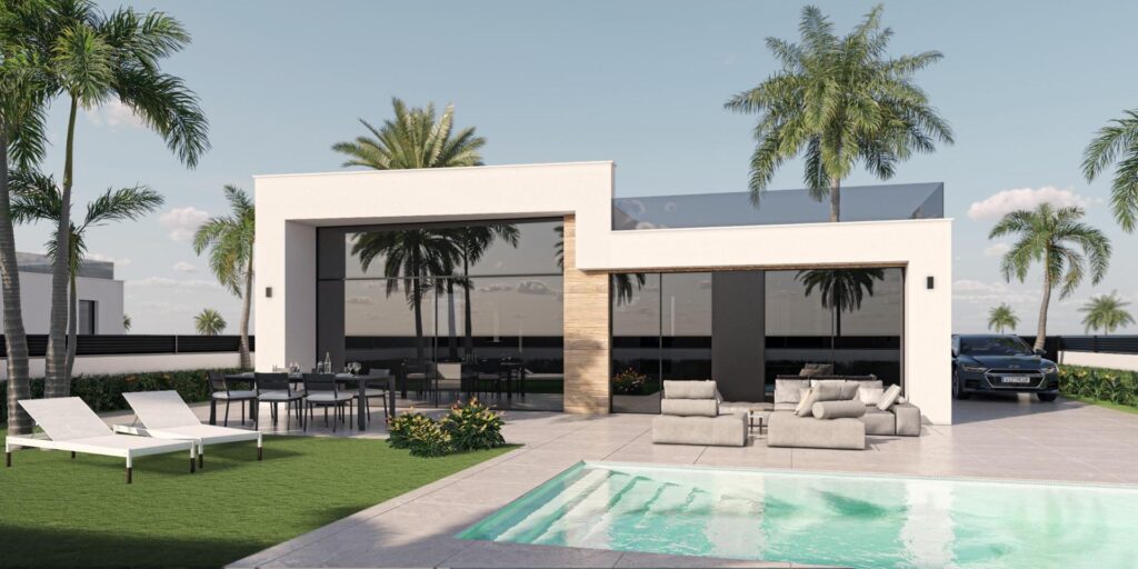 Terras en zwembad van nieuwbouw villa in Alhama de Murcia in Spanje, gelegen aan de  Costa Cálida