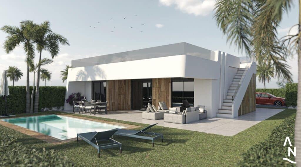 Zwembad en vooraanzicht van nieuwbouw villa in Alhama de Murcia in Spanje, gelegen aan de  Costa Cálida