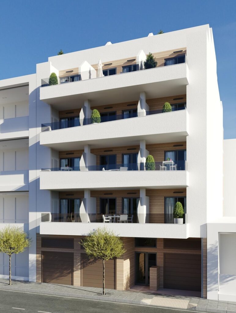 Vooraanzicht van nieuwbouw appartement in Torrevieja in Spanje, gelegen aan de  Costa Blanca-Zuid