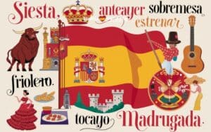 De Spaanse vlag met rondom Spaanse woorden en tekeningen van typisch Spaanse zaken
