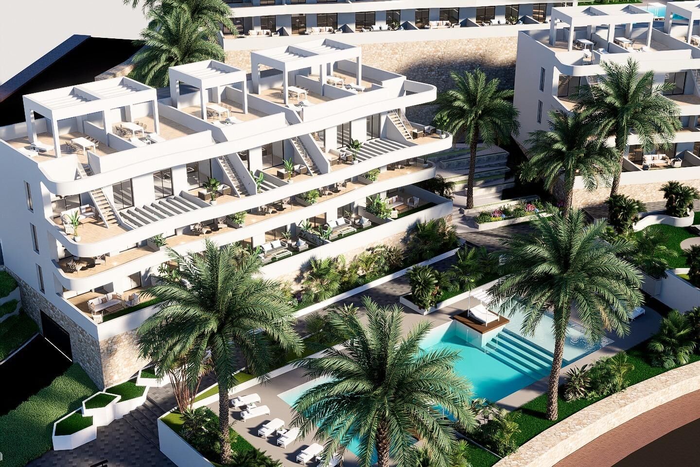 Luchtfoto van nieuwbouw appartement in Finestrat in Spanje, gelegen aan de  Costa Blanca-Noord
