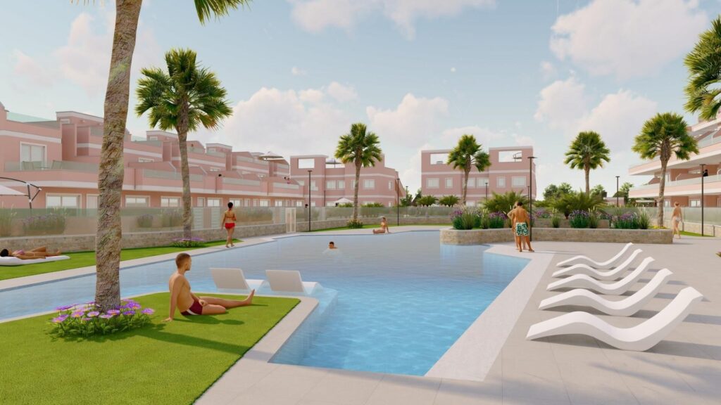 Gemeenschappelijk zwembad van nieuwbouw appartement in Pilar De La Horadada in Spanje, gelegen aan de  Costa Blanca-Zuid