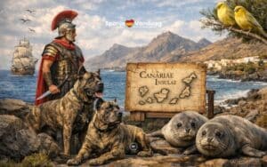 Geschiedkundig beeld van een romein met honden op een Canarisch Eiland
