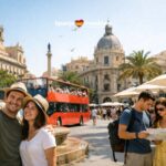 Toeristen die selfies nemen in een Spaanse grootstad