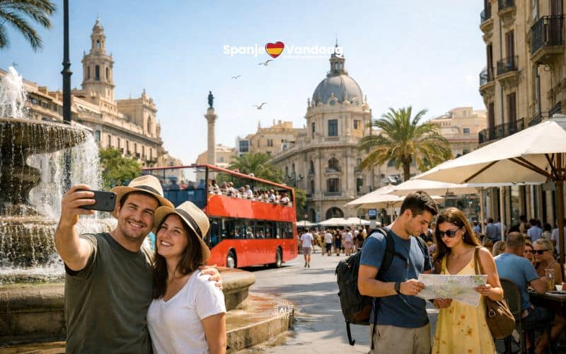 Toeristen die selfies nemen in een Spaanse grootstad