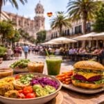 Bordjes vegan eten op een terrasje in een Spaanse gemeente