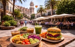 Bordjes vegan eten op een terrasje in een Spaanse gemeente