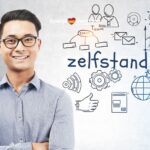 Beeld van een persoon die overweegt om zelfstandige te zijn in Spanje, zijn denken wordt visueel voorgesteld via tekeningetjes