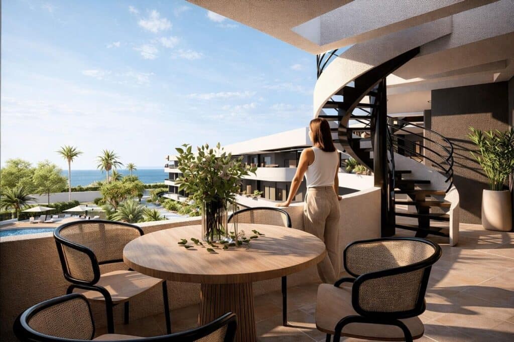Zeezicht en terras van nieuwbouw appartement in Los Alcazares in Spanje, gelegen aan de  Costa Cálida