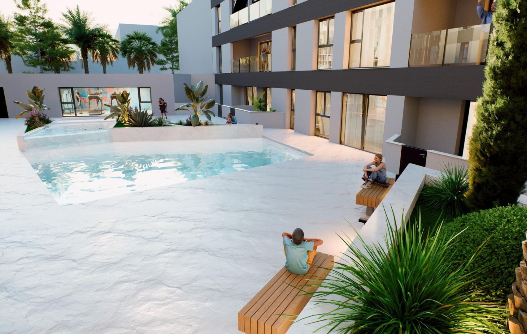 Gemeenschappelijk zwembad van nieuwbouw appartement in San Pedro Del Pinatar in Spanje, gelegen aan de  Costa Cálida