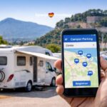 Op een gsm wordt de app voor camperparkeerplaatsen getoond met in de achtergrond tal van campers op een parkeerplaats