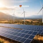 Een zonnepanelen- en windmolenpark in een Spaans landschap