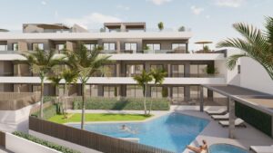Nieuwbouw Project in Pilar De La Horadada in Spanje, gelegen aan de Costa Blanca-Zuid Gemeenschappelijk zwembad en vooraanzicht van in Pilar De La Horadada in Spanje, gelegen aan de Costa Blanca-Zuid