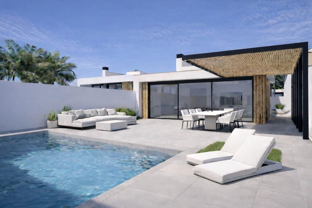 Terras en zwembad van nieuwbouw villa in Los Alcazares in Spanje, gelegen aan de  Costa Cálida
