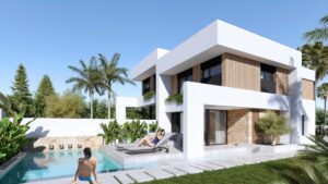 Nieuwbouw Project in Orihuela-Costa in Spanje, gelegen aan de Costa Blanca-Zuid Zwembad en vooraanzicht van in Orihuela-Costa in Spanje, gelegen aan de Costa Blanca-Zuid