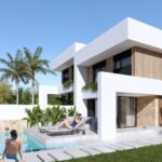 Zwembad en vooraanzicht van nieuwbouw villa in Orihuela-Costa in Spanje, gelegen aan de  Costa Blanca-Zuid