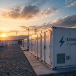 Zonsondergang boven industriële energieopslag
