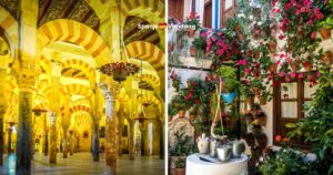 Foto links toont de Mezquita binnenin, foto rechts een gezellig hoekje in de Joodse wijk van Cordoba.