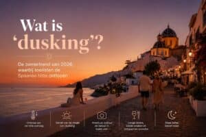 Zicht op een Spaanse wandelpad langs de kust bij zonsondergang