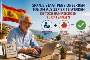 Senior man werkend op de laptop in Spanje