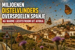 Een overwoekering aan vliegende vlinders over een Spaans landschap