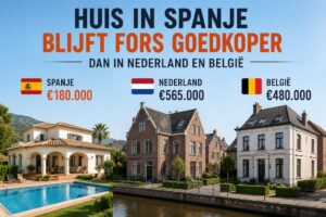 3 huizen worden naar elkaar getoond, elk representatief voor Spanje, Nederland en België