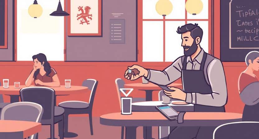 Tekening van een man in een bar die een fooi in een potje stopt.