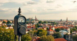 Een gasmeter met in de achtergrond een Spaanse stad