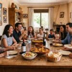 Een Spaanse familie aan tafel, van grootouders tot kleinkinderen