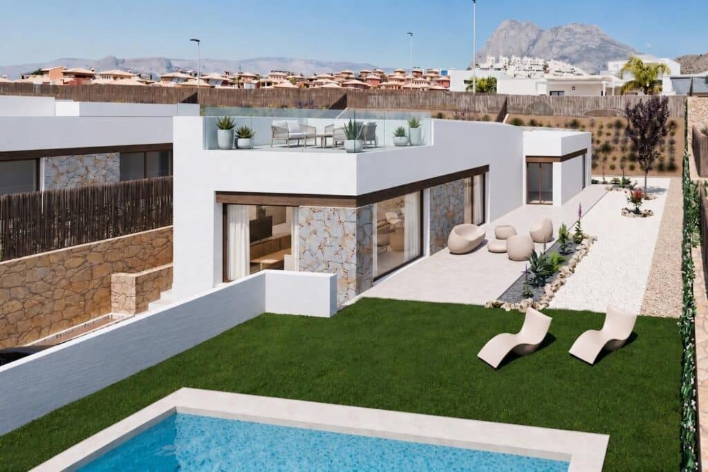Luchtfoto van nieuwbouw villa in Finestrat in Spanje, gelegen aan de  Costa Blanca-Noord