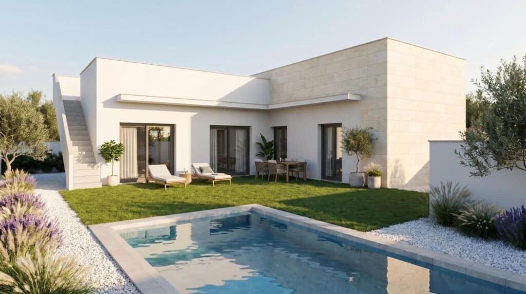 Tuin en zwembad van nieuwbouw villa in Mazarron in Spanje, gelegen aan de  Costa Cálida