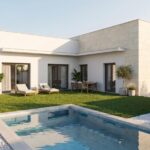 Tuin en zwembad van nieuwbouw villa in Mazarron in Spanje, gelegen aan de  Costa Cálida