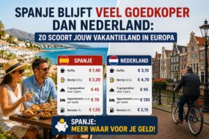 Een vergelijking tussen Nederland en Spanje tussen de prijzen met achteraan links en rechts beelden uit beide landen