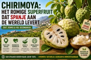 Foto van chirimoya, het romige superfruit, met opsomming van zijn pluspunten