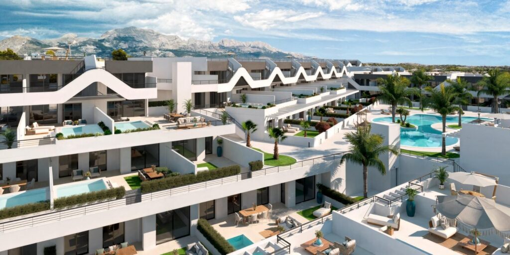 Luchtfoto van nieuwbouw appartement in Alfaz del Pi in Spanje, gelegen aan de  Costa Blanca-Noord