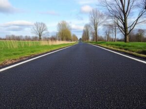 Een versgelegd asfaltwegdek in een landelijk landschap