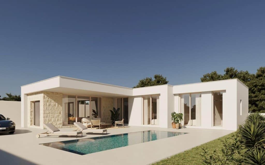 Zwembad en vooraanzicht van nieuwbouw villa in Polop in Spanje, gelegen aan de  Costa Blanca-Noord
