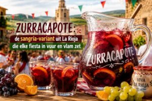 Een kan en glazen gevuld met zurracapote en gepresenteerd in een Spaanse omgeving.