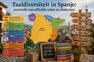 De taaldiversiteit van Spanje voorgesteld via een landkaart, boeken en wegwijzers naar de diverse taalgebieden.