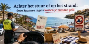 Foto links toont controle op de weg, rechts regels op het strand