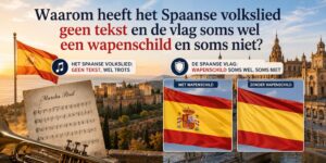 Een blad met muziekpartituur en Spaanse vlaggen, één met en één zonder wapenschild