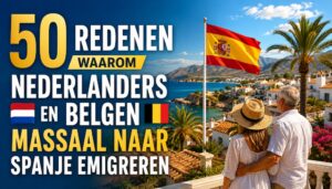 Links een titel over 50 redenen en rechts en echtpaar die uitkijkt op de Spaanse kust