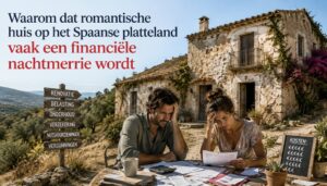 Man en vrouw kijken bezorgd over hun plannen voor de verbouwing van een landelijke woning